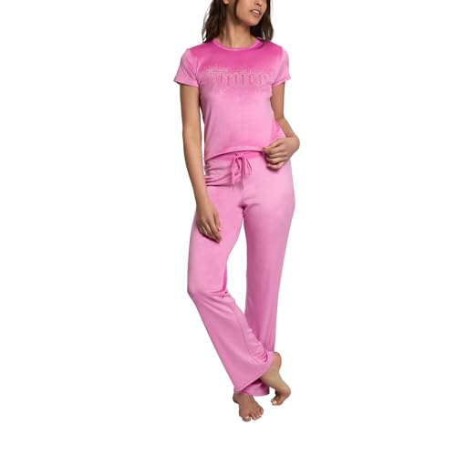 Juicy Couture Women's 2 Piece Velvet Fleece Short Sleeve Shirt and Pants Lounge Sleepwear Set (US, Alpha, Large, Regular, Regular, Pink Femme)