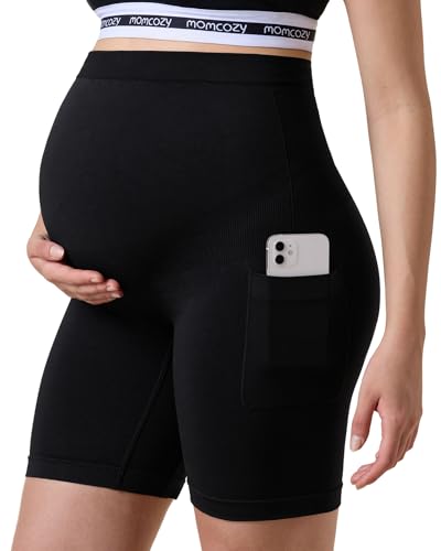Momcozy Women Seamless Maternity Biker Shorts with Pocket 6 Over Belly High Waisted Pregnancy Yoga Shorts Casual Activewear Black