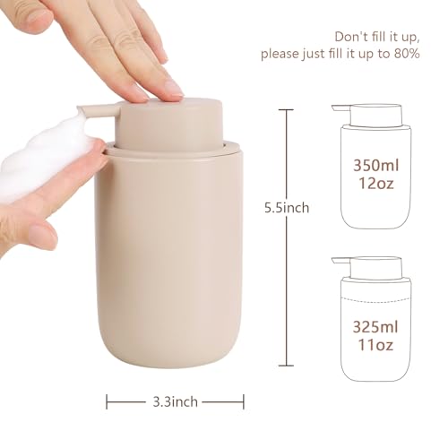 Image of BosilunLife Foaming Soap Dispenser Set - Khaki Ceramic Foam Hand Dispenser 12oz Soap Dispenser Set with Rust Proof Pump, 4Pcs Clear Stickers for Kitchen, Bathroom - 2 Pack