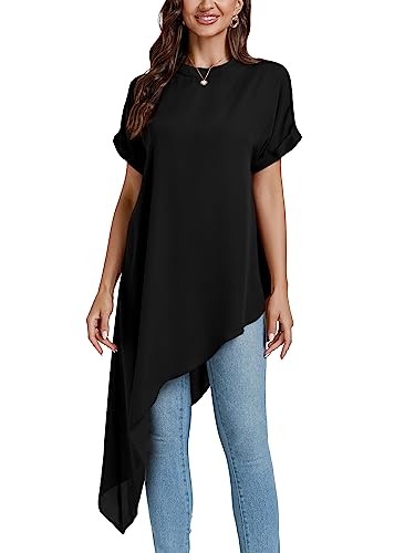 LYANER Women's Casual Mock Neck Short Sleeve Irregular Hem Loose Blouse Long Shirt Top
