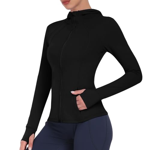 Hooded Women's Athletic Full Zip Lightweight Workout Jacket with Pockets and Thumb Holes2