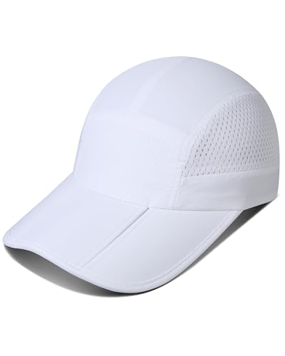 GADIEMKENSD UPF 50+ Foldable Baseball Cap with Breathable Mesh Extended Brim Running Caps for Men Women Water Repellent Summer Cricket Hats Golf Hat for Outdoors Sports White
