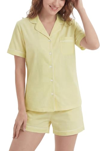 Image of LUBOT 100% Cotton Pajamas for Women 2 Piece PJ Set Button-Down Soft Knit Short Sleeve Summer Sleepwear Loungewear XS-XXL