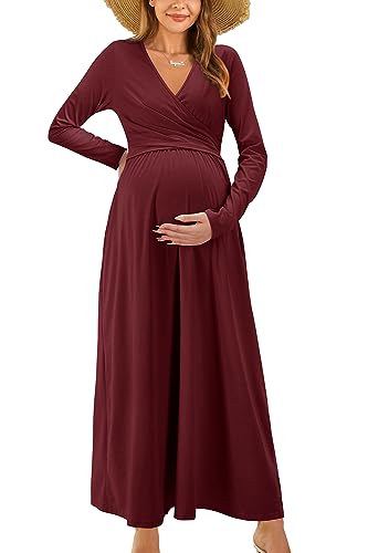 OUGES Women's Fall Winter Long Sleeve V Neck Maxi Dress with Pockets Maternity  Clothes Nursing Dresses Baby Shower Photoshoot 2024(Dark Red,S) at Amazon  Women's Clothing store