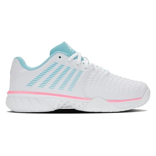 K-Swiss Zapatillas de Tenis de pádel Express Light 3 para Mujer, Color Blanco/Azul neón, Goma de Burbujas, Talla 41 EU