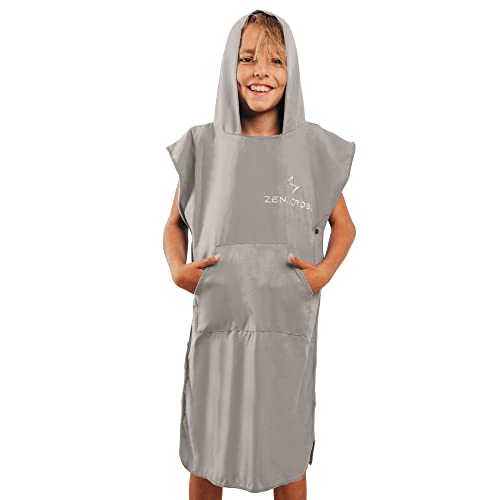 Zenacross Badeponcho Kinder 100% Mikrofaser - Surf Poncho und Umkleidehilfe mit Taschen und Kapuze - Badeponcho Sport Kinder, Trocknet schnell - Hellgrau, 10/13 Cover