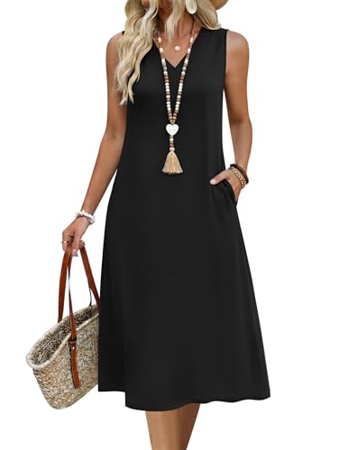 Zeagoo Tank Dresses for Women 2026 Summer Sleeveless Midi Dress Solid Black Dress Casual Loose Shift Dress with Pockets Black XXL