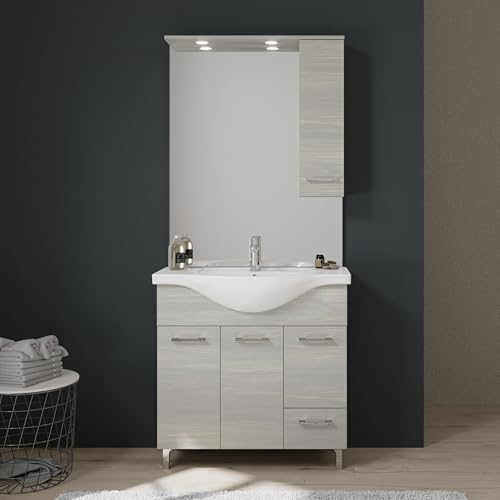 Kiamami Valentina - Meuble de Salle de Bains au Sol de 85 cm avec Portes et tiroir en chêne Gris,...