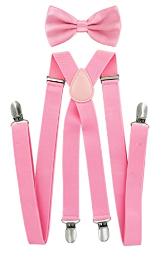 axy Herren Hosenträger mit Fliege - 4 Starken Clips X-Form (Pink (Hosenträger Breit 2,5cm))