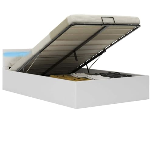 pedkit Cama Elegante tapizada - con Sistema de iluminación LED Cama canapé hidráulica con LED Cuero sintético Blanco 140x200cm