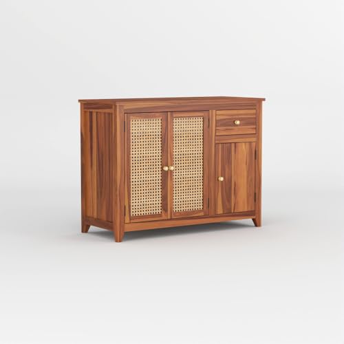 Image of Solid Sheesham Wood Sideboard Cabinet for Living Room | Crockery Cabinet with 2 Rattan Cane Door | Kitchen Display Unit 2 Rattan Cane Doors,1 Door Cabinet & 1 Drawer (Honey Finish)