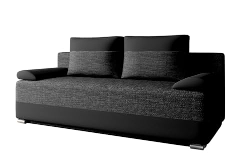 E-MEUBLES Schlafsofa Atlanta Polstersofa Schlafcouch Sofa Sofagarnitur Couch Schlafsofa für Wohnzimmer mit Bettfunktion, Schlaffunktion und Bettkasten: 200x90x96 cm Schwarz Lawa 06 + Soft 11