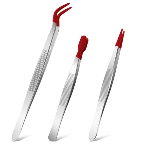 WLLHYF 3 Pieces Tweezers with Rubber Tips Set including Red Silicone Coated Flat Bent Pointed Tip Tweezer for Crafting Jewelry Eyelash Tool Applicator Industrial Sticker Long Tweezers