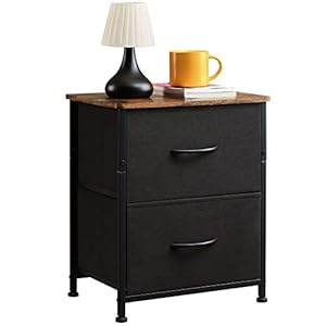 Somdot Nightstand with 2 Drawers, Bedside Table Small Dresser with Removable Fabric Bins for Bedroom Nursery Closet Living Room – Sturdy Steel Frame, Wood Top, Pull Handle – Black/Rustic Brown