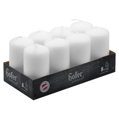 Hofer Candele Bianche a Colonna - 4,5 x 9 cm - Set di 8 Piccole Candele Decorative Cilindriche - Colore Bianco - Lunga Durata di 12 Ore - Cera Antigoccia - Non Profumate - Qualità RAL