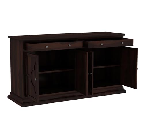 Image of Solid Sheesham Wood Sideboard Cabinet - Elegant Free-Standing Movable Chest of Drawers with 2 Drawers & 4 Shelf storag for Stylish Living Room Walnut