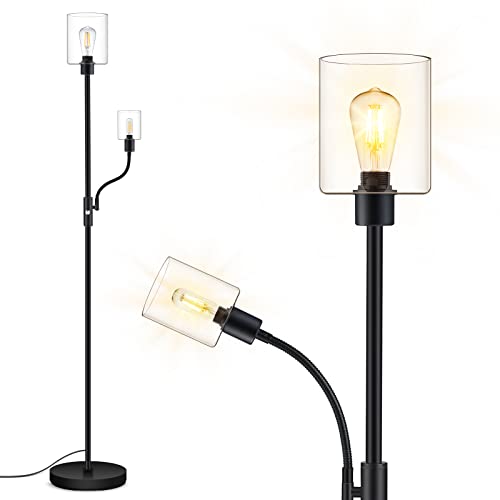 BoostArea Floor Lamp, 6W Black Modern Floor Lamp with 4W Adjustable Reading Lamp, 2700K Energy-Saving LED Bulbs Included, Industrial Bright Floor Lamp for Bedroom, Living Room and Office