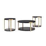 Signature Design by Ashley Shylore Contemporary Occasional Table Set, Coffee Table and 2 End Tables, Wood, 36.25' W x 36.25' D x 18.13' H, Black/Brass