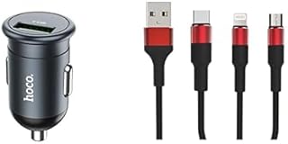 هوكو Z43 - شاحن سيارة سريع بمنفذ واحد 18 واط - 3 امبير معدني رمادي USB كيندكس KX 2463 في 1 كابل شحن ونقل بيانات لنوع سي ومايكرو وايفون 1.2 متر لايتنينج