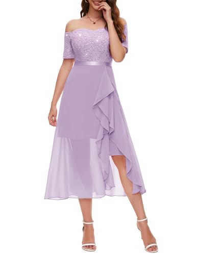 BeryLove Formal Sequin Off Shoulder Dresses Wedding Guest Cocktail Long Evening Lace Chiffon Ruffle...