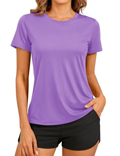 TACVASEN Women's Short Sleeve Workout T Shirts UPF 50+ Sun Protection Breathable Quick Dry Athletic Gym Light Purple, XXL