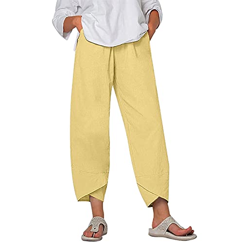 Image of Womens Cotton Linen Capri Pants Casual Elastic Printed Ankle Pants | Cotton Linen Capri Pants for Women 2025 Casual Printed Cropped Palazzo Pants Elastic Waist Lounge Baggy Trousers