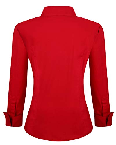 Womens Button Down Shirts Long Sleeve Regular Fit Cotton Stretch Work Blouse Red L