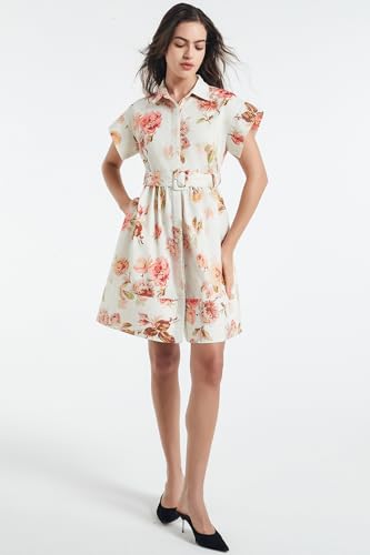 Image of D-Sun Women Button Down Shirt Dress V-Neck Floral Printed Short Sleeve Mini Dress Casual Belted Short Party with Pocket