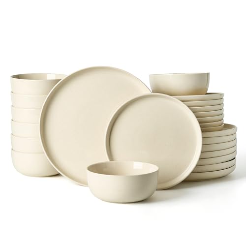 Image of Famiware Milkyway Stoneware Dinnerware Set, 24-Piece, Plates and Bowls for Everyday & Formal Dining, Service for 8, Microwave and Dishwasher Safe, Scratch-Resistant, Almond Milk