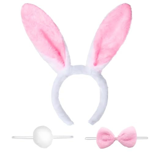 FHRYNA Conjunto de disfarce de coelho, diadema de orelhas de coelho de peluche com laço e cauda, acessório de cosplay para crianças e adultos, Páscoa, Halloween (rosa)