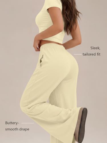Image of Trendy Queen 2 Piece Matching Summer Lounge Set Womens Side Ruching Top Wide Leg Pants Sets with Pockets