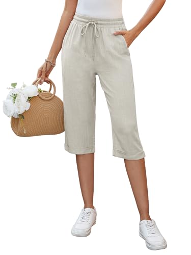 Auffortria Damen Leinen Sommerhose 3/4 Casual Leichte Baumwolle Leinenhose Bequeme Luftige Locker Freizeithose Strandhose Mit Taschen (Beige, Large)