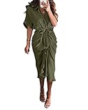 BTFBM Women Button Down Ruched Shirt Dresses Satin Short Sleeve Lapel V Neck Summer Maxi Dress 2025 Party Wedding Guest(Army Green, X-Large)