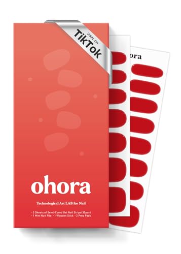 Ohora Semi Cured Gel Nail Strips (N Hot Cherry) - Salon-Quality, Long Lasting, Easy to Apply &amp; Remove - Includes 2 Prep Pads, Nail File &amp; Wooden Stick
