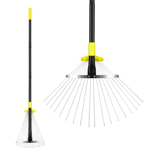 Byhargen Adjustable Metal Leaf Rake Heavy Duty Garden Rake with Wide & Narrow Modes Rustproof Steel Head Adjustable Handle for Lawn Care Yard Clean Up and Mulch Spreading
