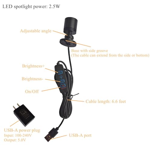 Image of 1.5W /2.5W Small LED Spot Light,5V Mini Spotlight with Dimmer and USB Power Plug,Closet Spotlight for Plants Jewelry Showcase Model Display Shelves (Cold White, 2.5W)