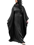 FYMNSI Abaya Dress for Women Muslim Inner Tie Glossy Silk Satin Plain Long Sleeve Abayas Maxi Kaftan Robe Prayer Clothes Middle East Islamic Dubai Outfit Arabian Ramadan Eid Dresses Black 1