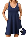V FOR CITY Womens Summer Dress with Built in Bra Pockets V Neck Tank Dresses Casual Loose Cotton Beach Sundress Navy Blue XL