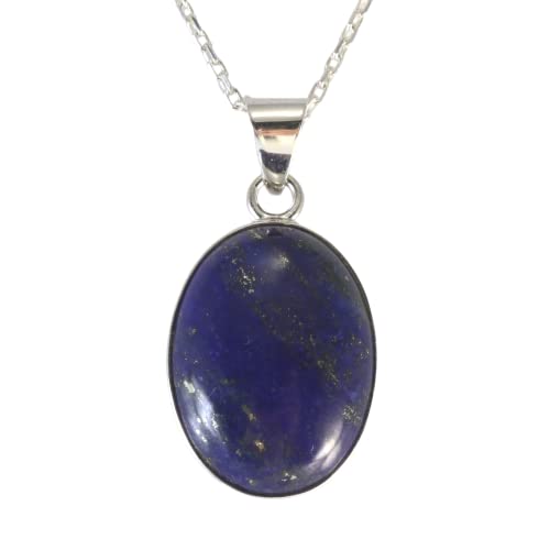 Sterling Silver 925 Oval Navy Blue Lapis Lazuli 15X20Mm Stone Handmade Pendant Necklace 16+2 Inches Chain #TOP6