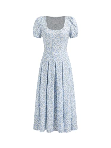 CIDER Floral Midi Dress Women's Summer Square Neck Puff Sleeve Slit Dresses