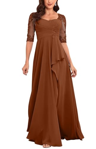 Elegant Floor Length Mother of The Bride Dresses for Wedding Chiffon Half Sleeve Lace Applique Formal Evening Dress