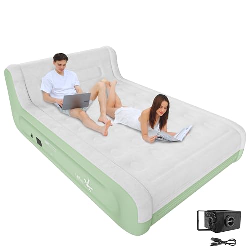 HikerSKY Queen Air Mattress with Headboard - Dutch Velvet Surface - 2500mAh Wireless Rechargeable Pump - 3 Min Inflation - 650lb Support - 18' Height for Bedroom, Guest, Camping (Green)