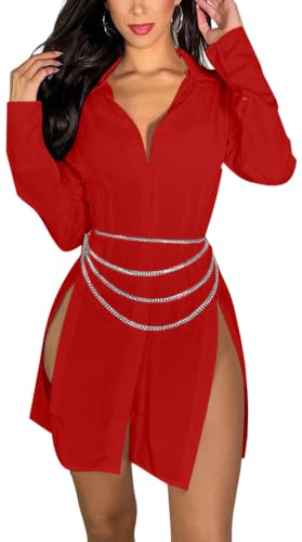 Image of Shirt Dress for Women Sexy Button Down Date Night Dresses Ruched Slit Stand Collar Long Sleeve Blouses