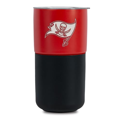 Rico Industries NFL Tampa Bay Buccaneers 16oz Red Ceramic Tumbler with Black Silicone Grip, Deep Laser Engraved Logo, Travel Coffee Mug with Slide Lid, Matte Glaze
