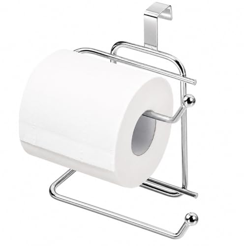 Image of Basicwise Over-The-Side Tank Double Toilet Paper Holder Compact Modern Bathroom Organizer Practical Storage Rack for Extra Rolls Offering Quick & Easy Access for Everyday Use, Silver
