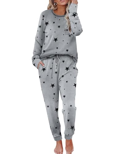 Ekouaer Damen Schlafanzug Star Pyjama Set Rundhals Schlafanzüge Winter Pyjama weich Lounge Set Zweiteiliger Hausanzug Loungewear,Grau-Schwarz,XXL