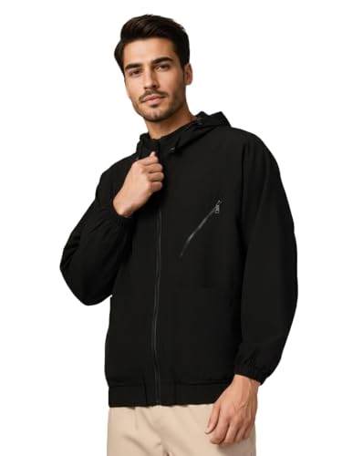 Image of CHKOKKO Sunscreen Jacket for Men Windcheater Hooded Zipper Sports Jacket | UV Protection | Sun Protective | Lightweight Water Resistant | Riding Biker | Outdoor Travel Gym Running