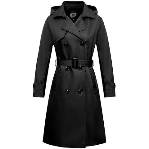 Garemcy Women's Long Waterproof Trench Coat Double Breasted Classic Lapel Coat Belted Coat with Detachable Hood Black 3X-Large Cover