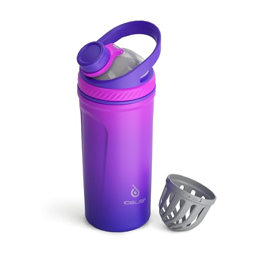 Ideus Shaker Protein Trinkflasche 700ml (24oz)，Doppelwandig Edelstahl Sportflasche mit Skalierlinien, Metall Eiweiß Flasche mit Mischkugel, BPA frei, auslaufsicher Schraubverschluss (Blau Violett)