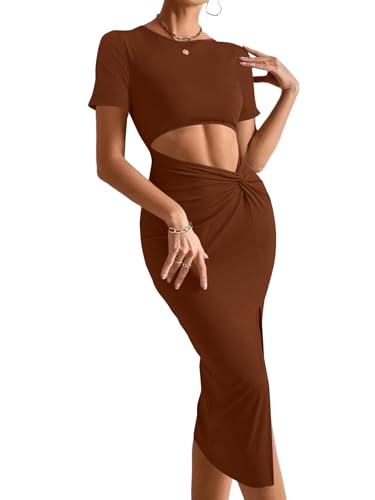 Image of Rooscier Women's Twist Cutout Waist Split Crewneck Short Sleeve Bodycon Midi Dress